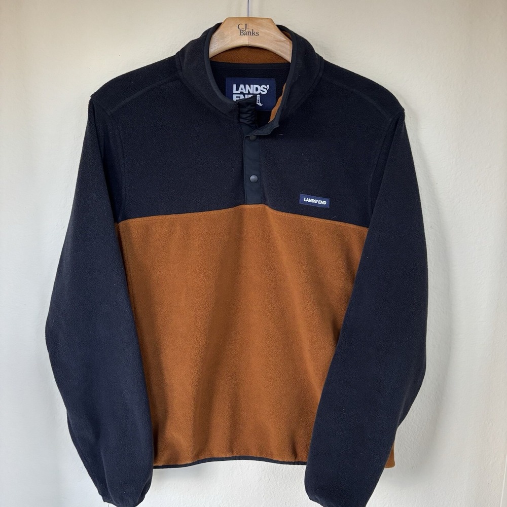 Lands' End Pullover Fleece Sweatshirt Quarter Jacket Brown/Black Men's XL